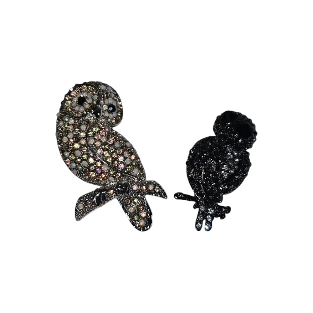 Owl Rhinestone Silvertone Brooches AB Aurora Borealis Unmarked, Lot Of 2